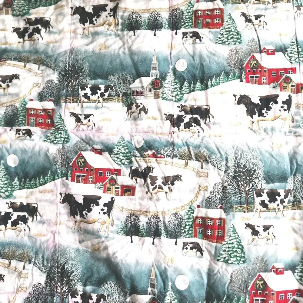 Handmade Christmas Quilt Snowy Farmhouse Red Barn Church Steeple Cows 77x66